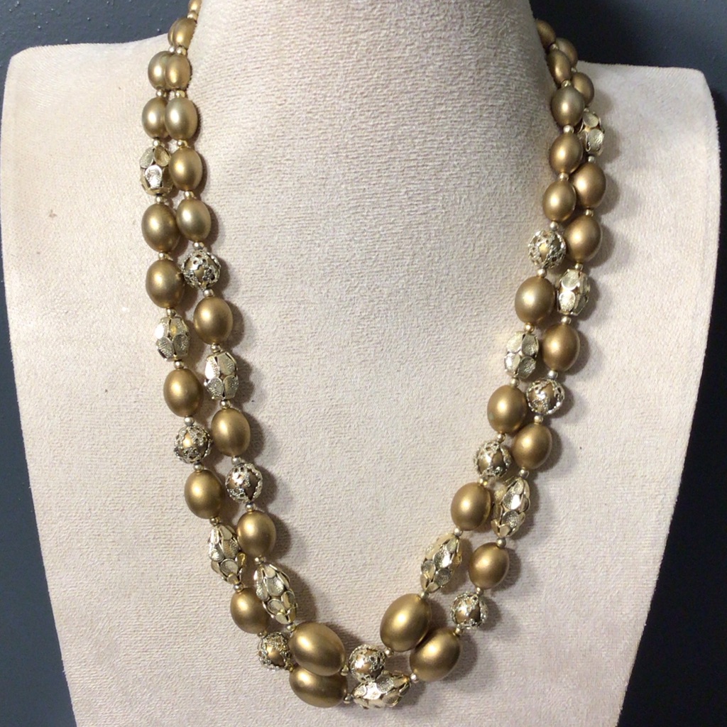 Vintage Hong Kong Gold And Gold Capped Beaded Necklace